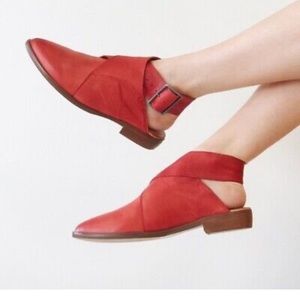 Free People Bryce Wrap Flat Buckle Ankle Strap Red Leather Mules Shoes 39 US 9